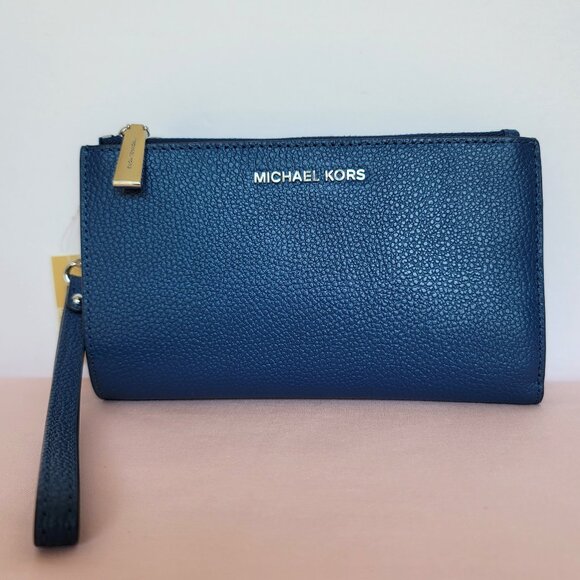 MICHAEL KORS Jet Set Double Zip Pebbled Leather Wristlet-River Blue🎈Sale $127.